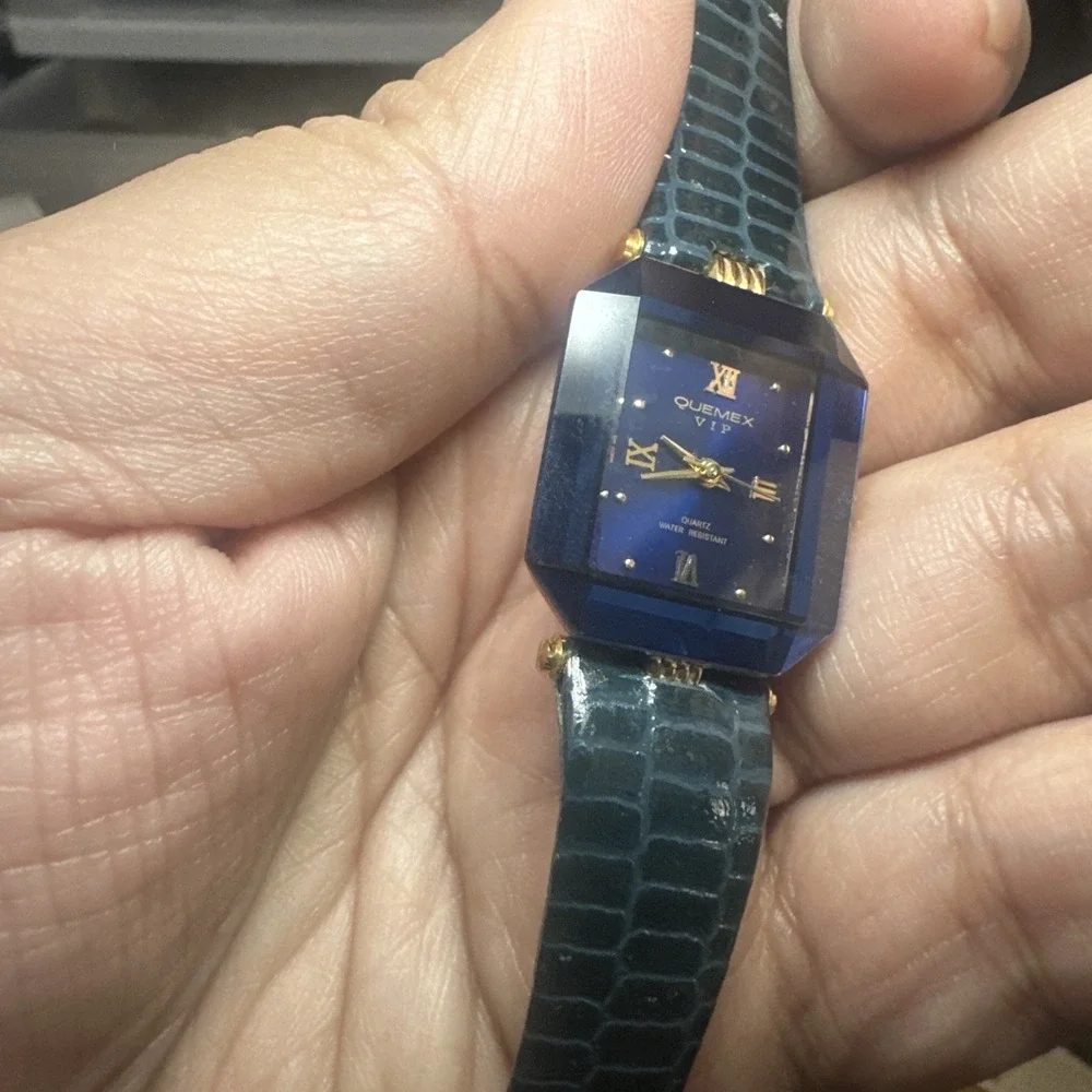 Working Quemex 18K Gold Plated Blue/Gold Dainty Ladies QUARTZ Watch 22mm Fit 6in